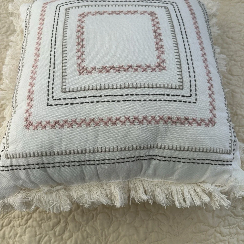 Modern Dreams Throw Pillow‎ 16x16 Inch Cross Stitch Embroidered Geometric White